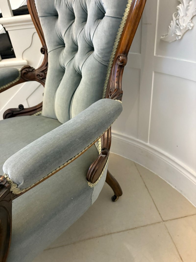 Outstanding Quality Pair of Antique Victorian Carved Walnut Ladies and Gentlemen’s Chairs - Image 13